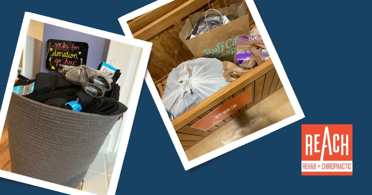 Sock Donation Basket For The Homeless at REACH Rehab + Chiropractic | Food Donation at PBJ Outreach