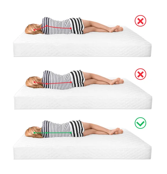 Image comparing spinal alignment on soft, firm, and ideal mattresses