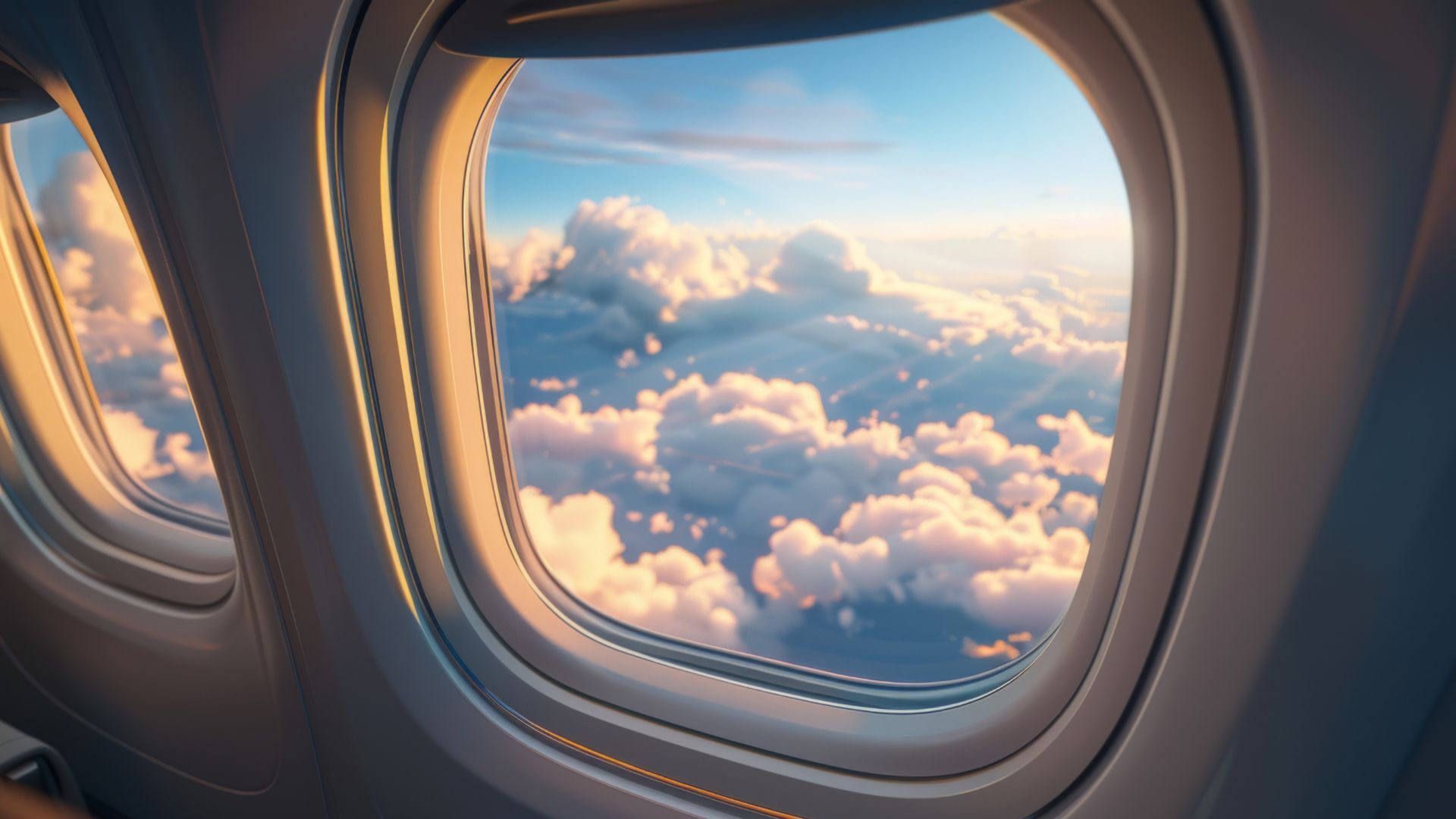 photo of a window of a plane on a cloudy day high in the sky